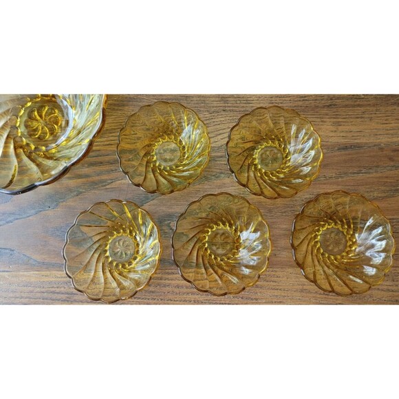 Hazel Atlas Glass Amber Colonial Swirl 6 Piece Berry Bowl Set - Picture 3 of 11